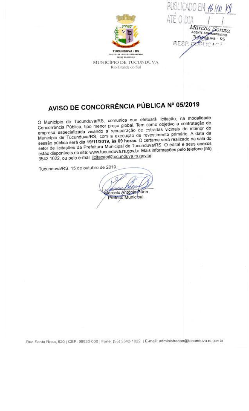 AVISO DE CONCORRÊNCIA PÚBLICA Nº 05_2019 RECUPERA ESTRADAS VICINAIS